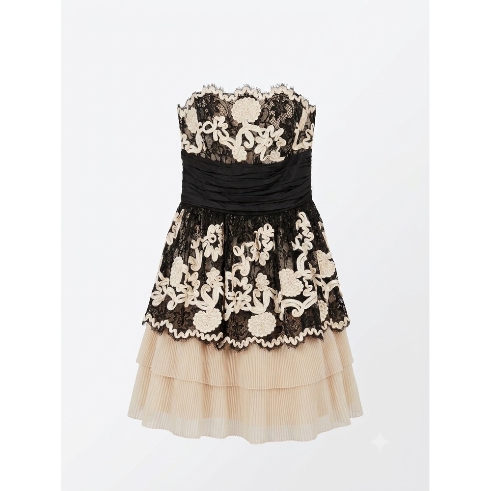 Betsey Johnson Black and Cream Lace Strapless Tiered Mini Dress